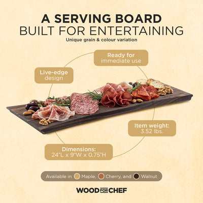 WoodForChef Walnut Live Edge Hardwood Charcuterie Board, 24 x 9 Inches