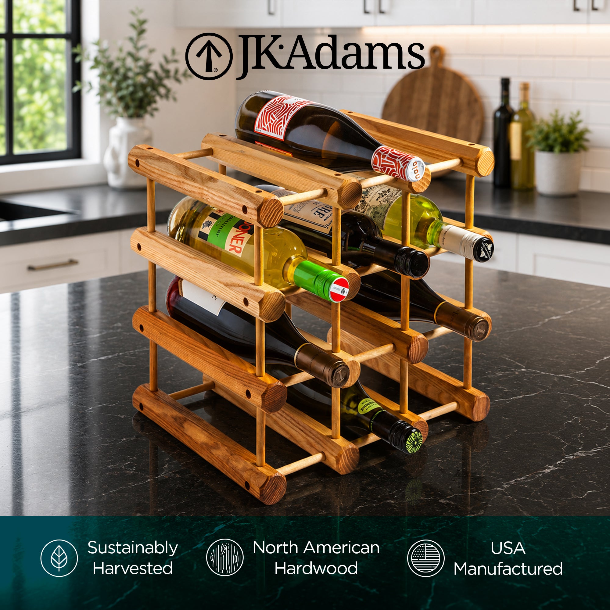 J.K. Adams Ash Wood Modular Wine Rack, Stackable Storage Holder, 12 Bottles - VMInnovations