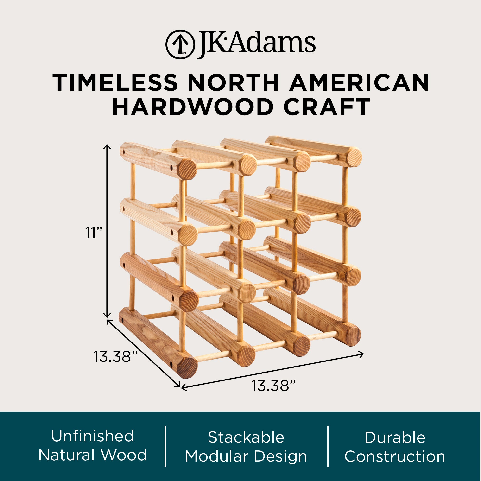 J.K. Adams Ash Wood Modular Wine Rack, Stackable Storage Holder, 12 Bottles - VMInnovations