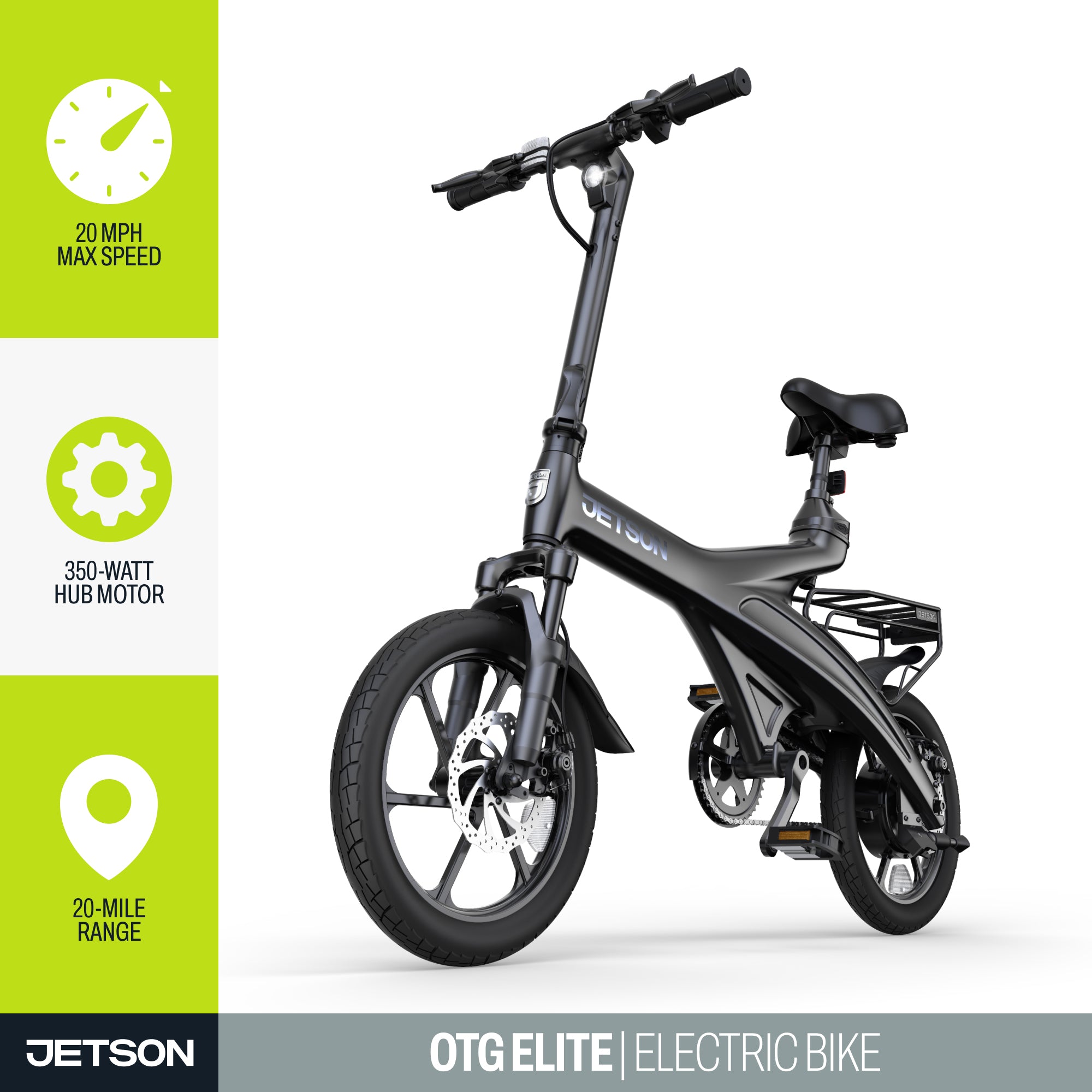 Jetson OTG Elite Portable Folding Electric Bike with Pneumatic 16" Tires, Black