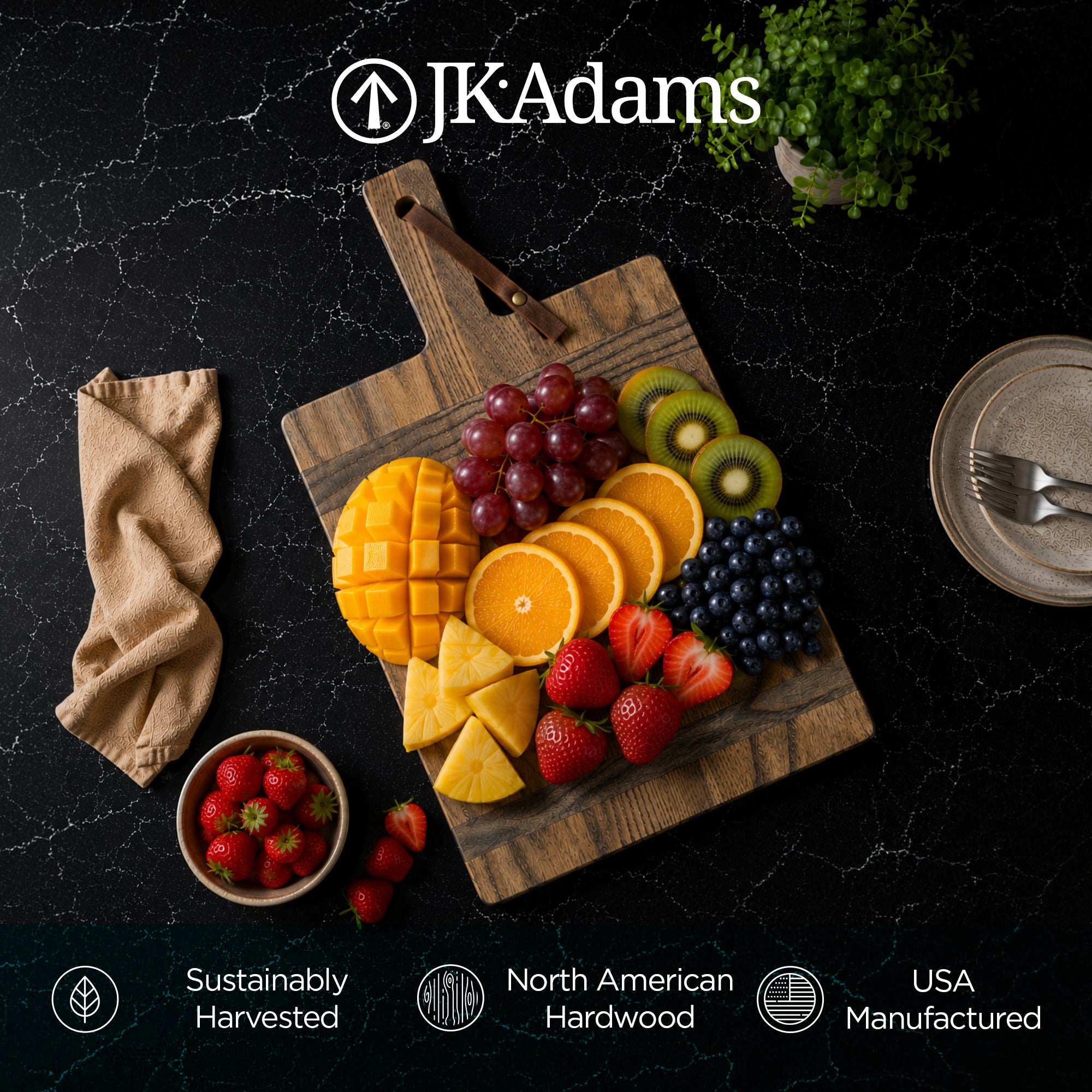 J.K. Adams Ash Artisan Plank, Wooden Serving Board Tray w/ Handle, 15.5" x 8.5" - VMInnovations