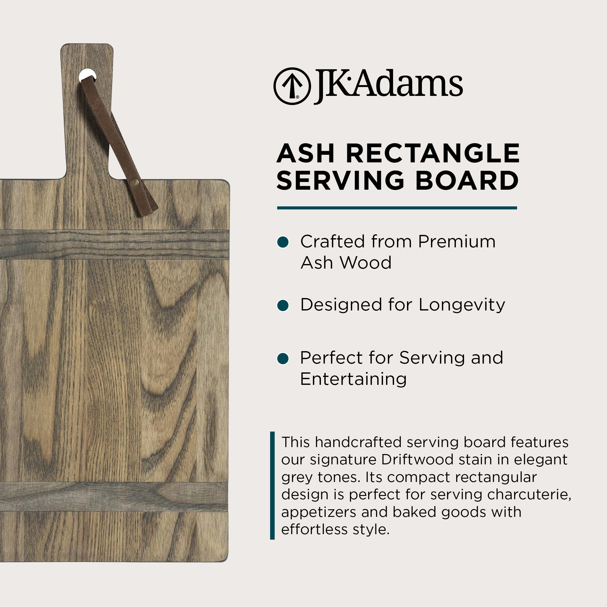 J.K. Adams Ash Artisan Plank, Wooden Serving Board Tray w/ Handle, 15.5" x 8.5" - VMInnovations