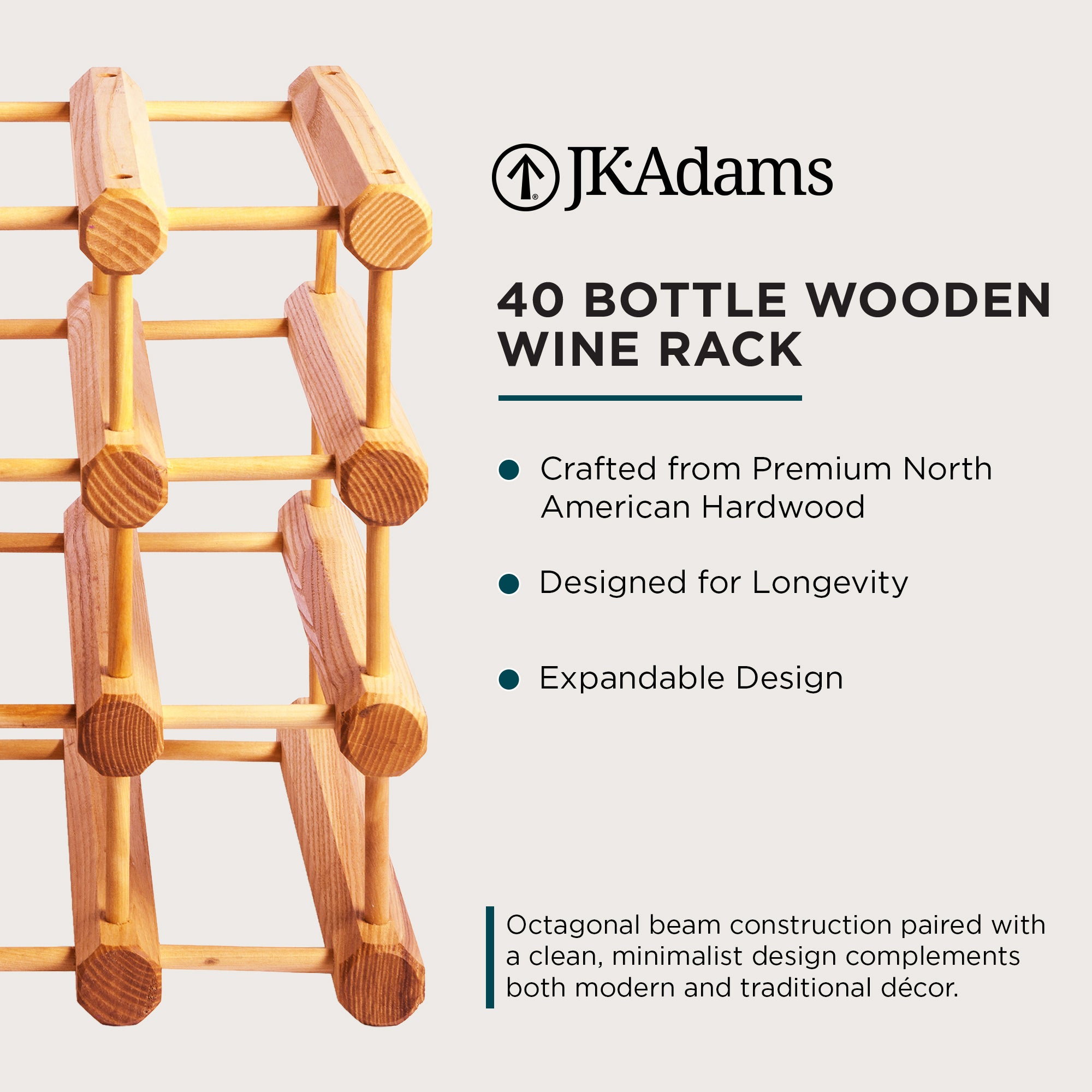 J.K. Adams Ash Wood Modular Wine Rack, Stackable Storage Holder, 40 Bottles - VMInnovations