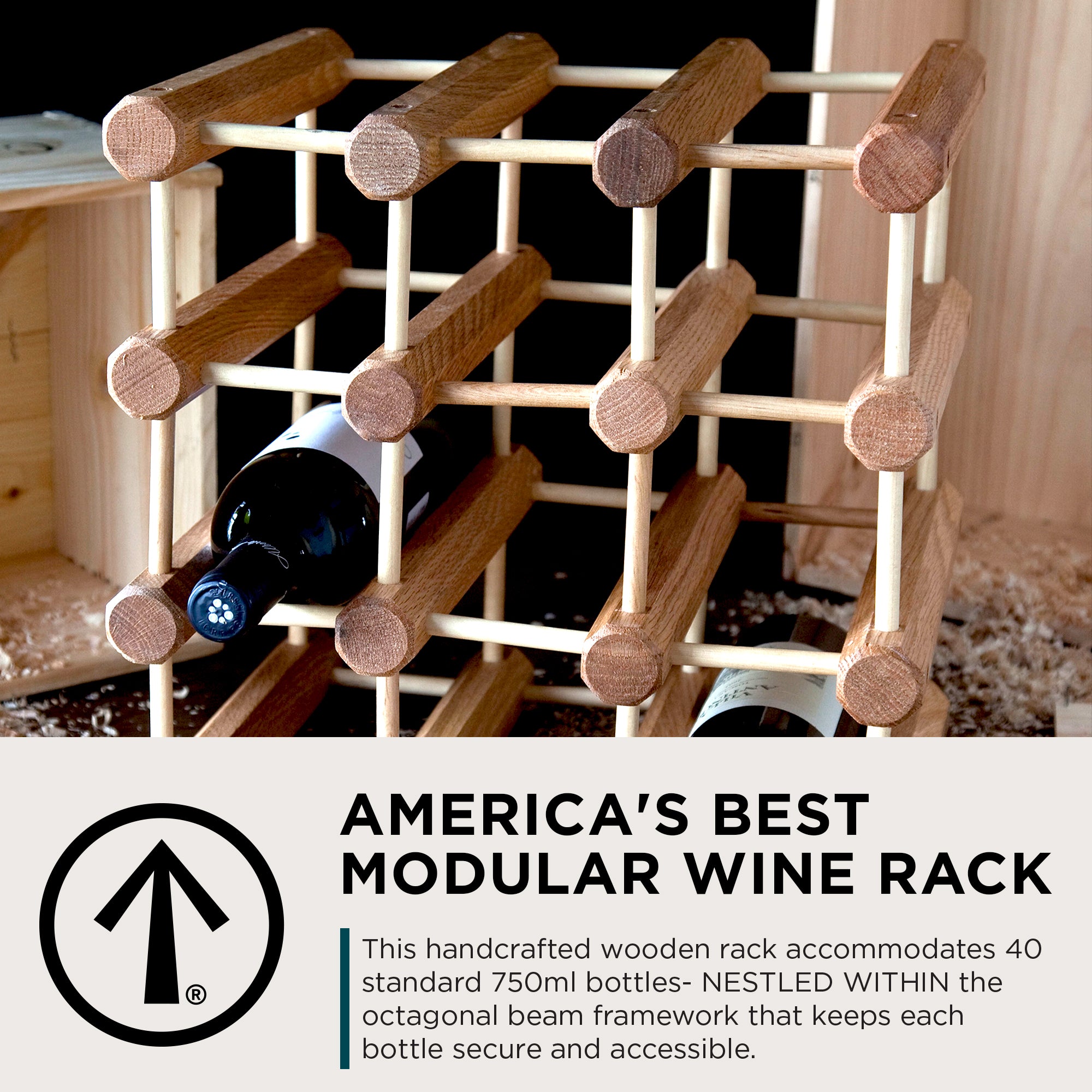 J.K. Adams Ash Wood Modular Wine Rack, Stackable Storage Holder, 40 Bottles - VMInnovations