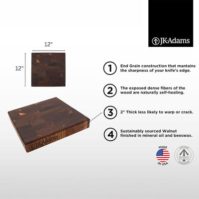 J.K. Adams Professional Series End Grain Cutting Board, Walnut, 12" x 12" x 2" - VMInnovations