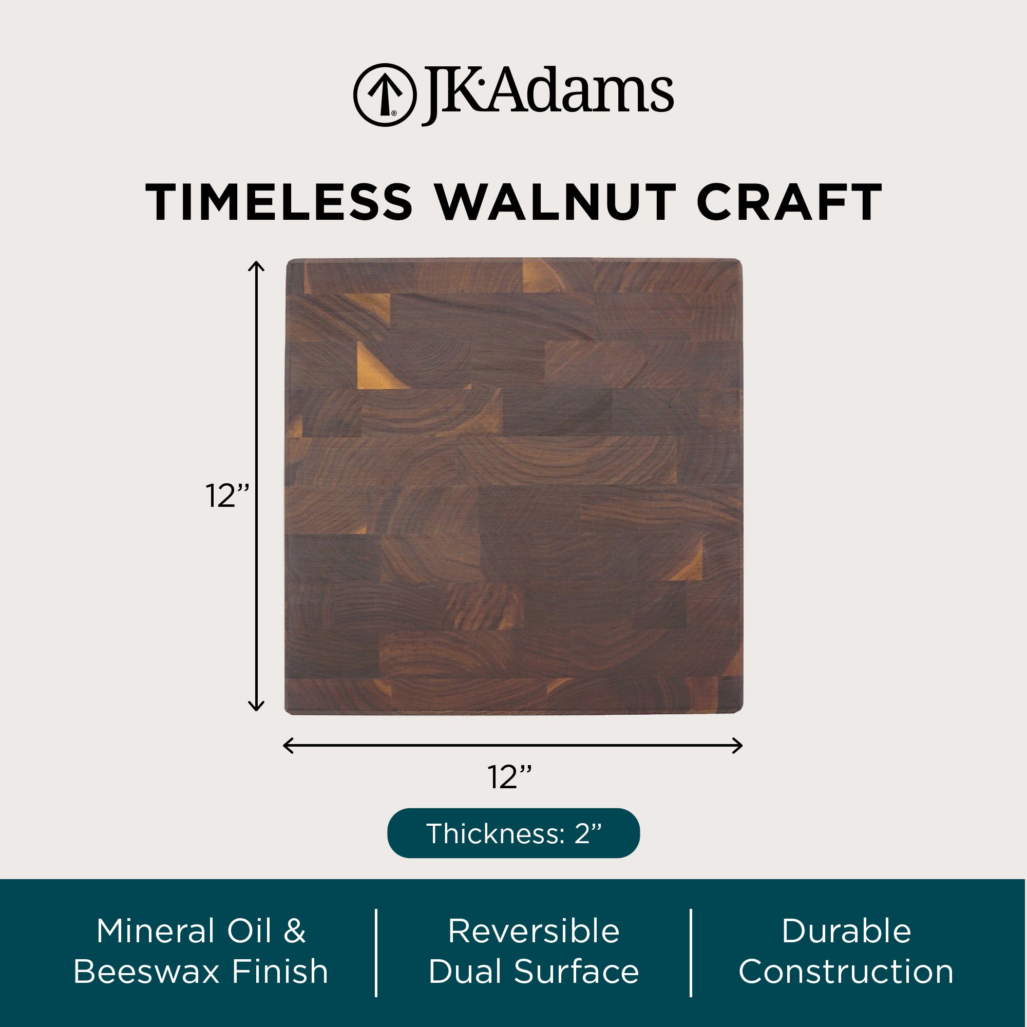 J.K. Adams Professional Series End Grain Cutting Board, Walnut, 12" x 12" x 2"
