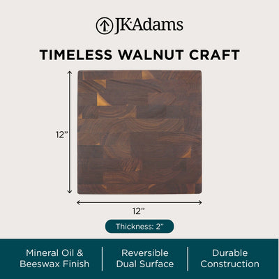 J.K. Adams Professional Series End Grain Cutting Board, Walnut, 12" x 12" x 2"
