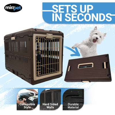 Mirapet Pet Carrier, Collapsible Crate for Large Dogs or Cats, 35", Brown/Beige - VMInnovations