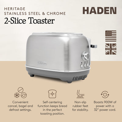 Haden Heritage 2-Slice Wide-Slot Toaster w/ Crumb Tray, Stainless Steel/Chrome - VMInnovations