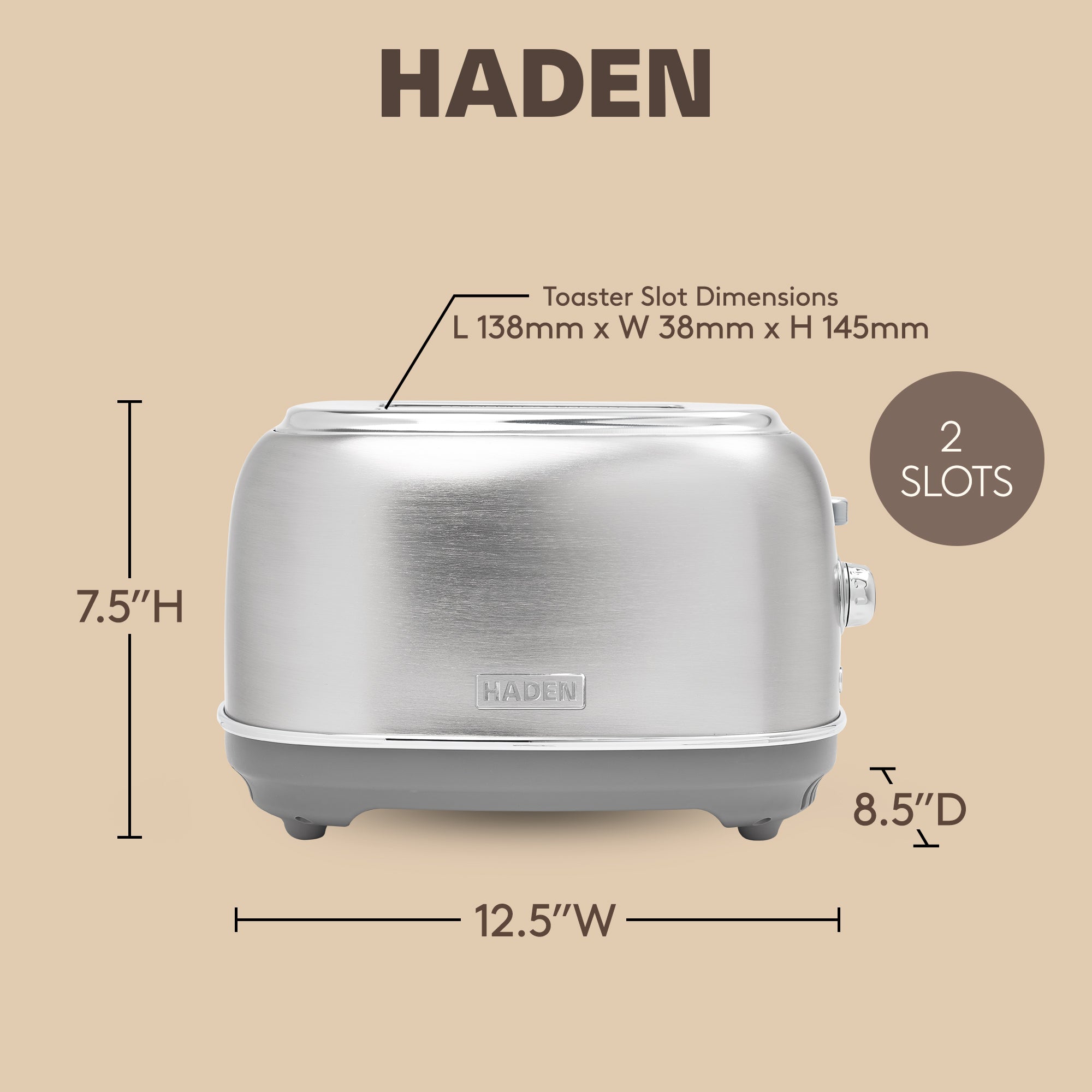 Haden Heritage 2-Slice Wide-Slot Toaster w/ Crumb Tray, Stainless Steel/Chrome - VMInnovations