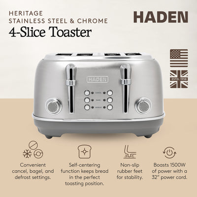 Haden Heritage 4-Slice Wide-Slot Toaster w/ Crumb Trays, Stainless Steel/Chrome - VMInnovations