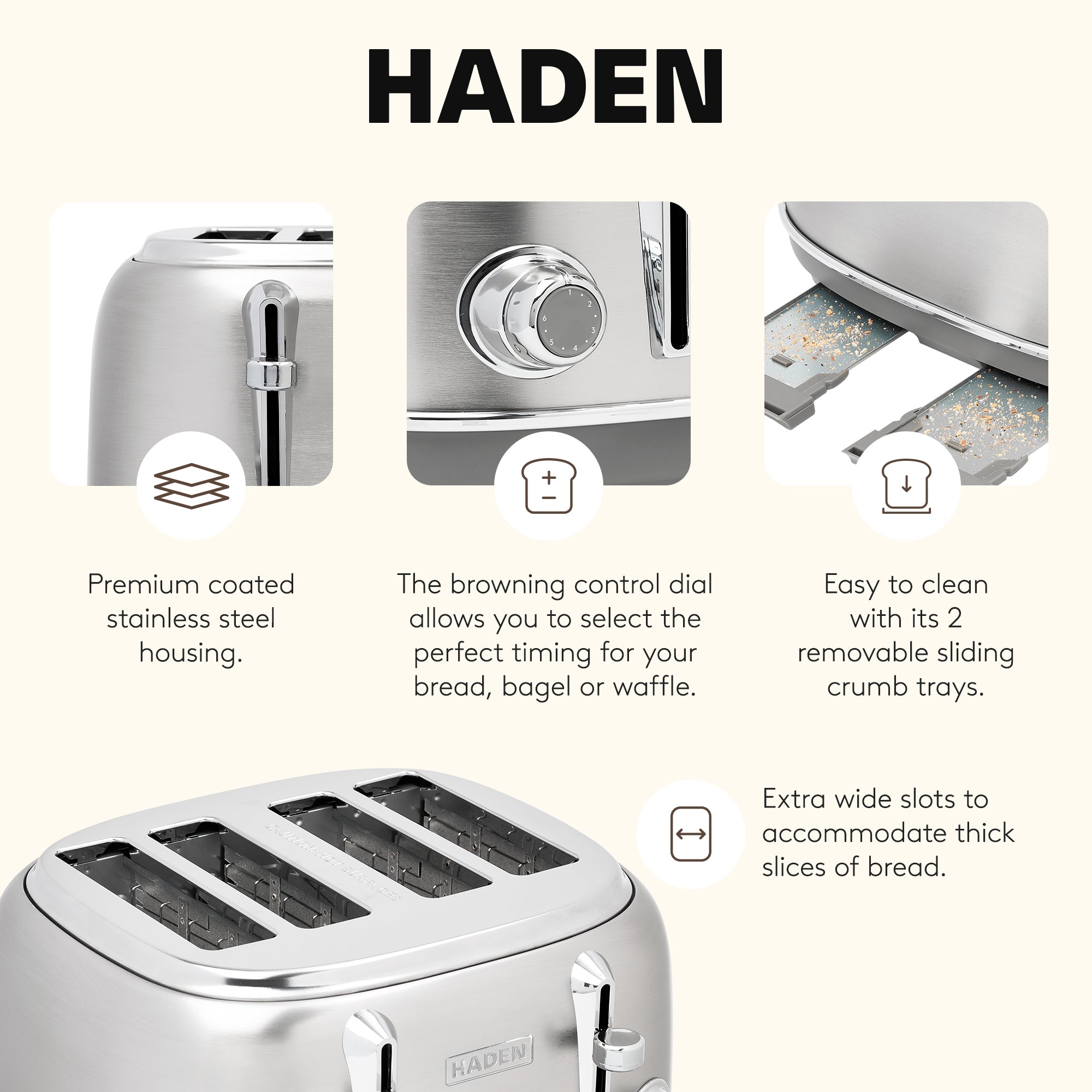 Haden Heritage 4-Slice Wide-Slot Toaster w/ Crumb Trays, Stainless Steel/Chrome - VMInnovations