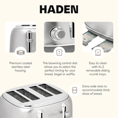 Haden Heritage 4-Slice Wide-Slot Toaster w/ Crumb Trays, Stainless Steel/Chrome - VMInnovations
