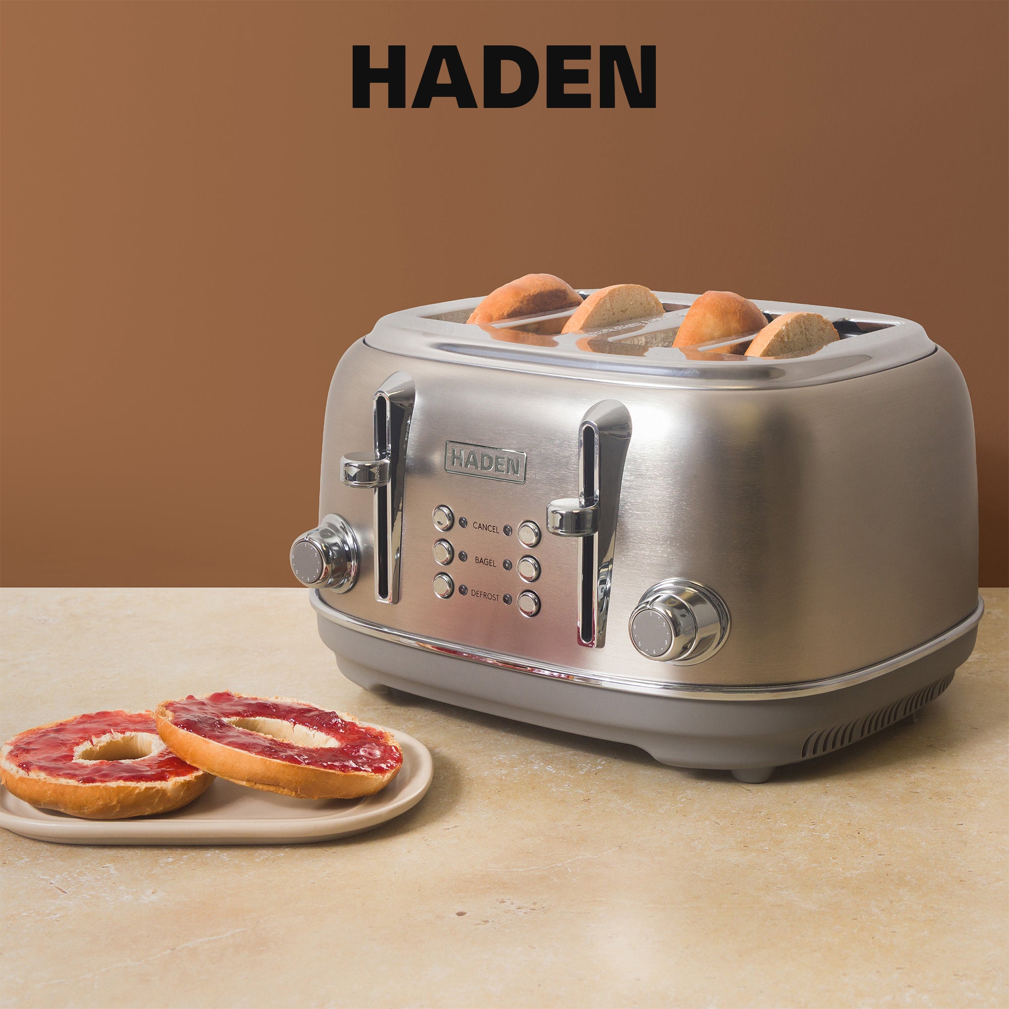 Haden Heritage 4-Slice Wide-Slot Toaster w/ Crumb Trays, Stainless Steel/Chrome - VMInnovations