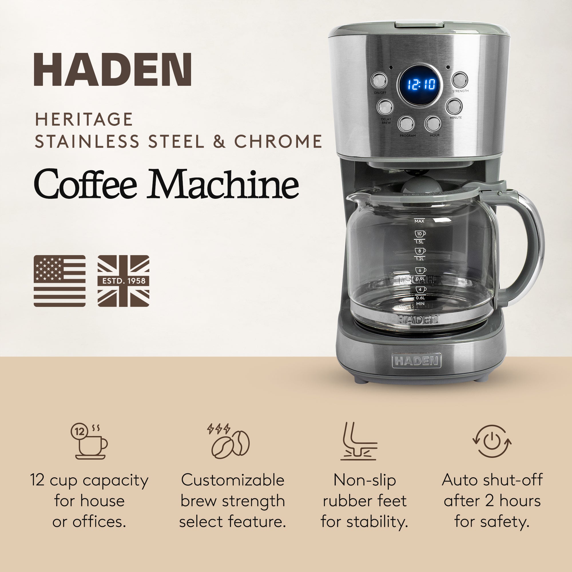 Haden 12 Cup Programmable Drip Coffee Maker with Timer, Stainless Steel/Chrome - VMInnovations