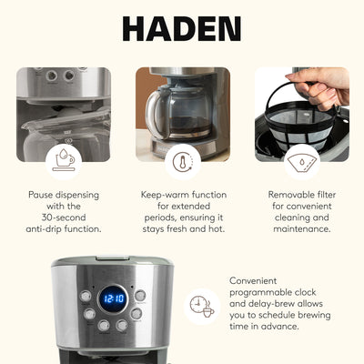 Haden 12 Cup Programmable Drip Coffee Maker with Timer, Stainless Steel/Chrome - VMInnovations
