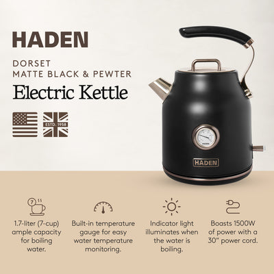 Haden Dorset 1.7L Cordless Electric Tea Kettle with Auto Shut-Off, Black/Pewter - VMInnovations