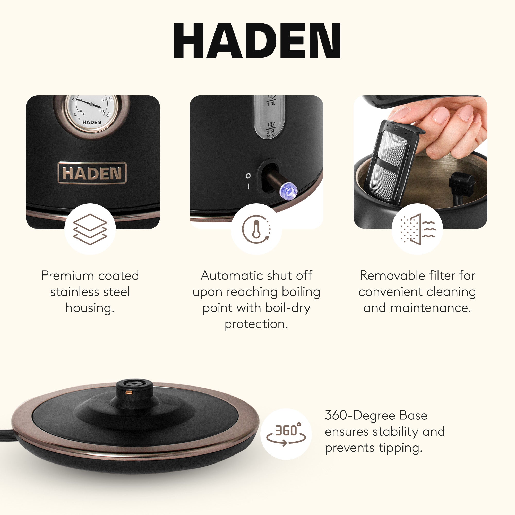 Haden Dorset 1.7L Cordless Electric Tea Kettle with Auto Shut-Off, Black/Pewter - VMInnovations