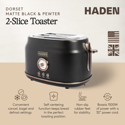 Haden Dorset 2-Slice Wide-Slot Stainless Steel Bread Toaster, Black and Pewter - VMInnovations