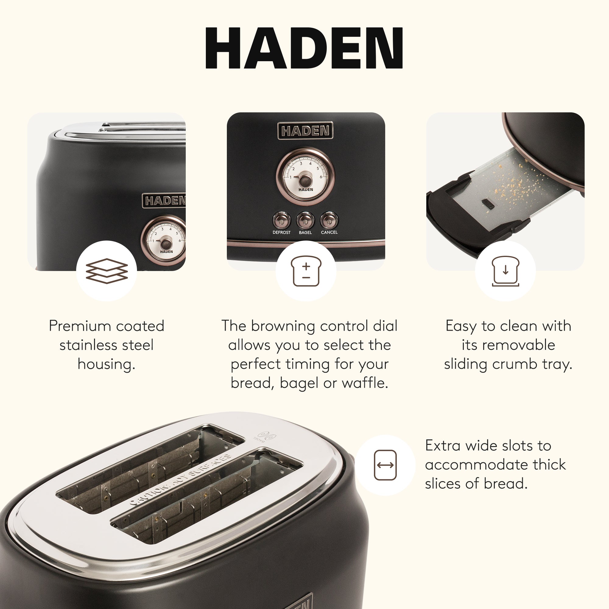 Haden Dorset 2-Slice Wide-Slot Stainless Steel Bread Toaster, Black and Pewter - VMInnovations
