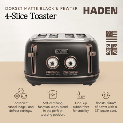 Haden Dorset 4-Slice Wide-Slot Stainless Steel Bread Toaster, Black and Pewter - VMInnovations