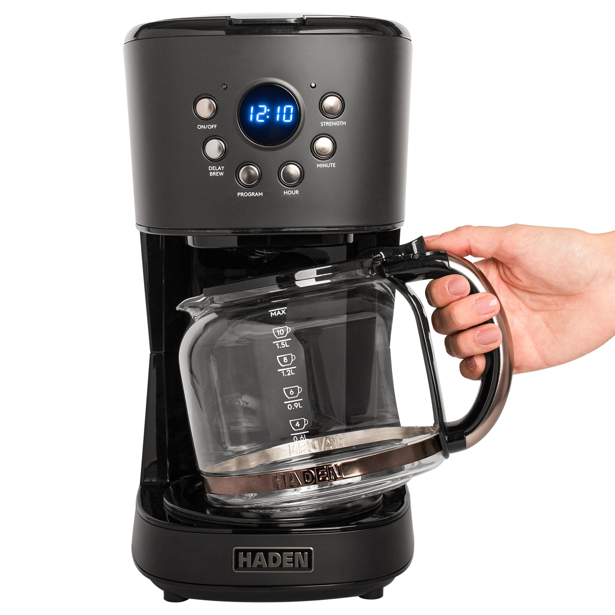 Haden 12 Cup Programmable Drip Coffee Maker with Strength Control, Black/Pewter