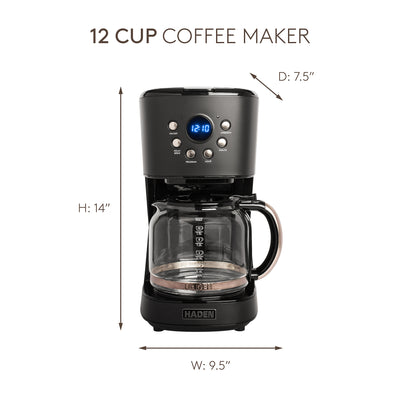 Haden 12 Cup Programmable Drip Coffee Maker with Strength Control, Black/Pewter