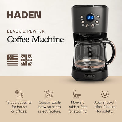Haden 12 Cup Programmable Drip Coffee Maker with Strength Control, Black/Pewter - VMInnovations