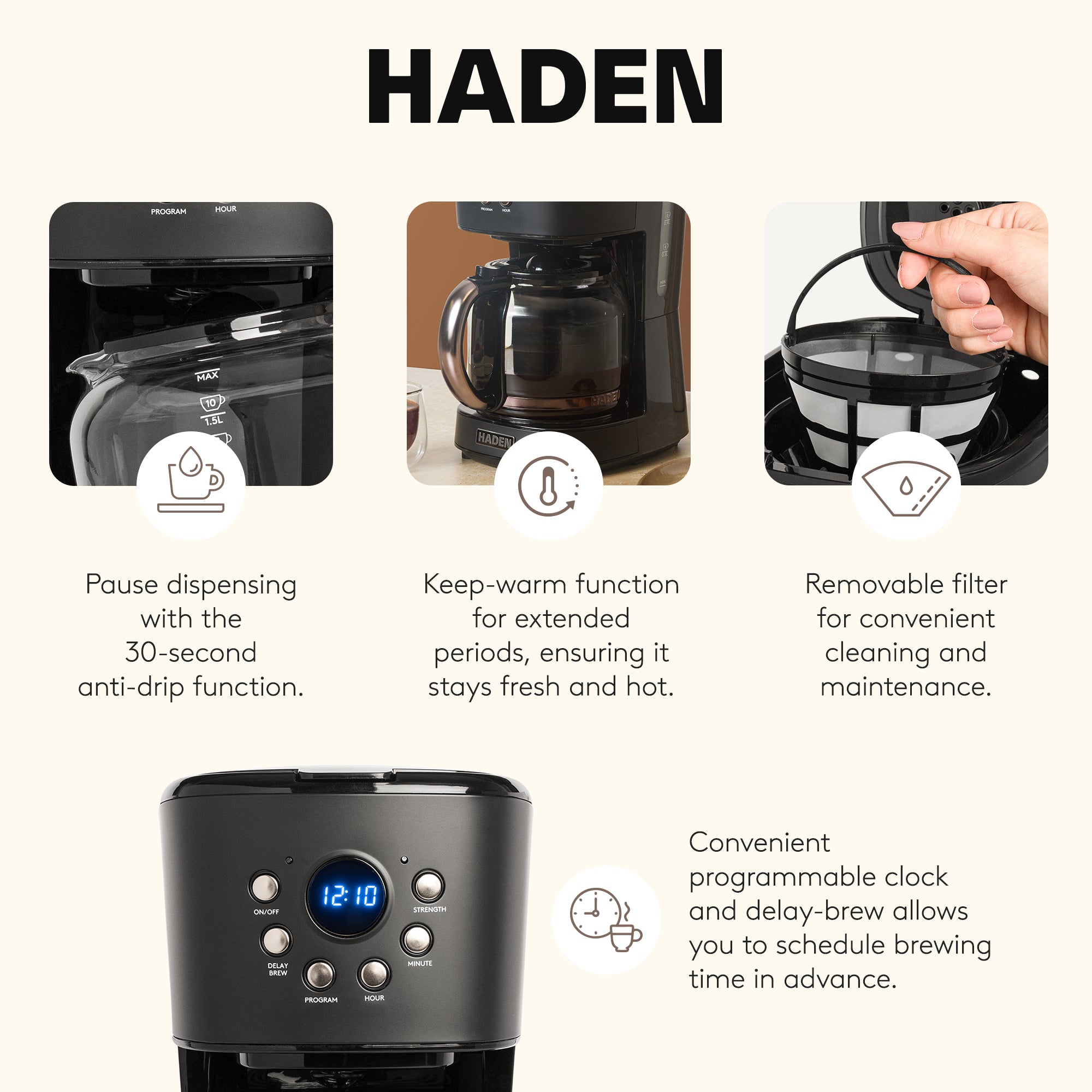 Haden 12 Cup Programmable Drip Coffee Maker with Strength Control, Black/Pewter - VMInnovations