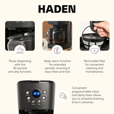 Haden 12 Cup Programmable Drip Coffee Maker with Strength Control, Black/Pewter - VMInnovations