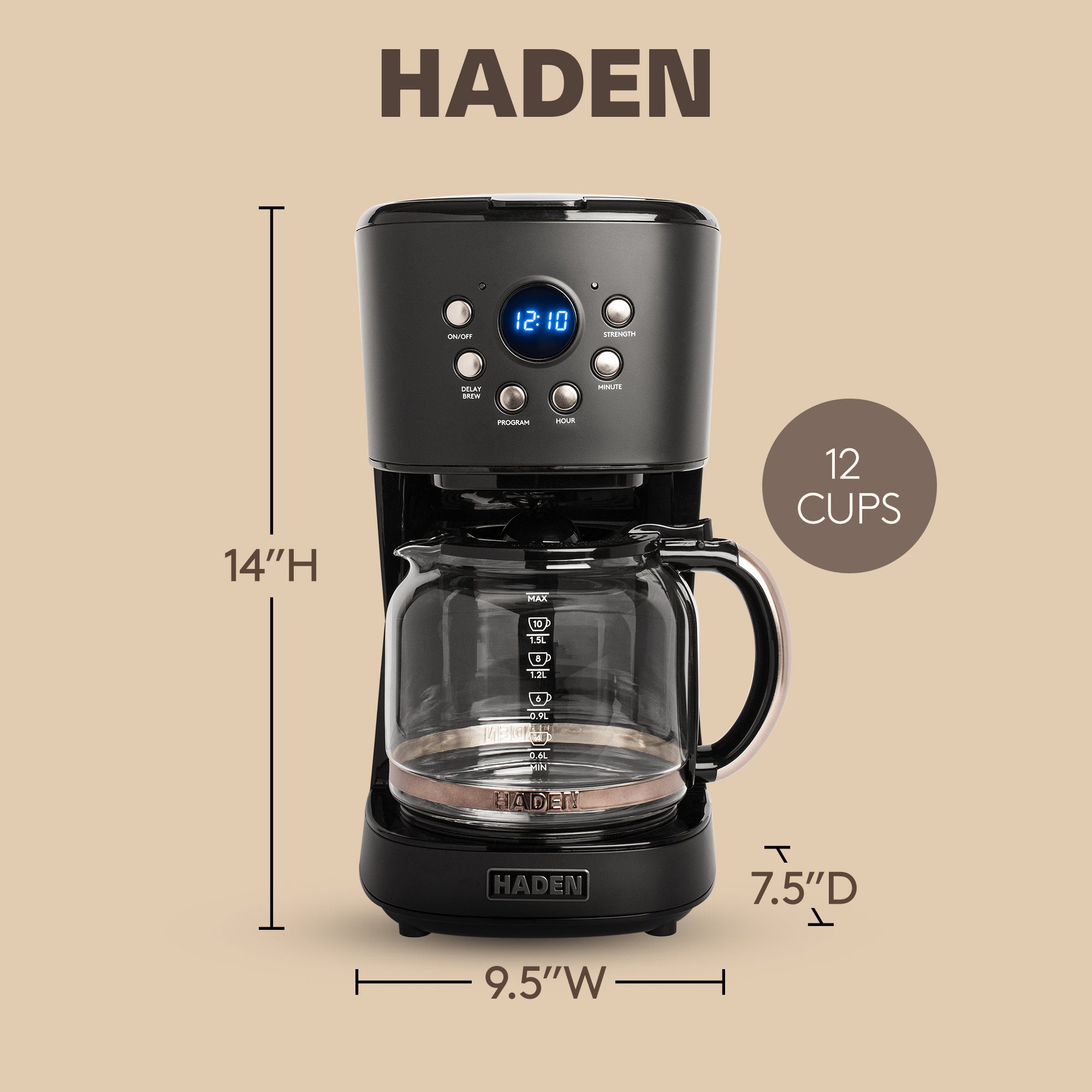 Haden 12 Cup Programmable Drip Coffee Maker with Strength Control, Black/Pewter - VMInnovations