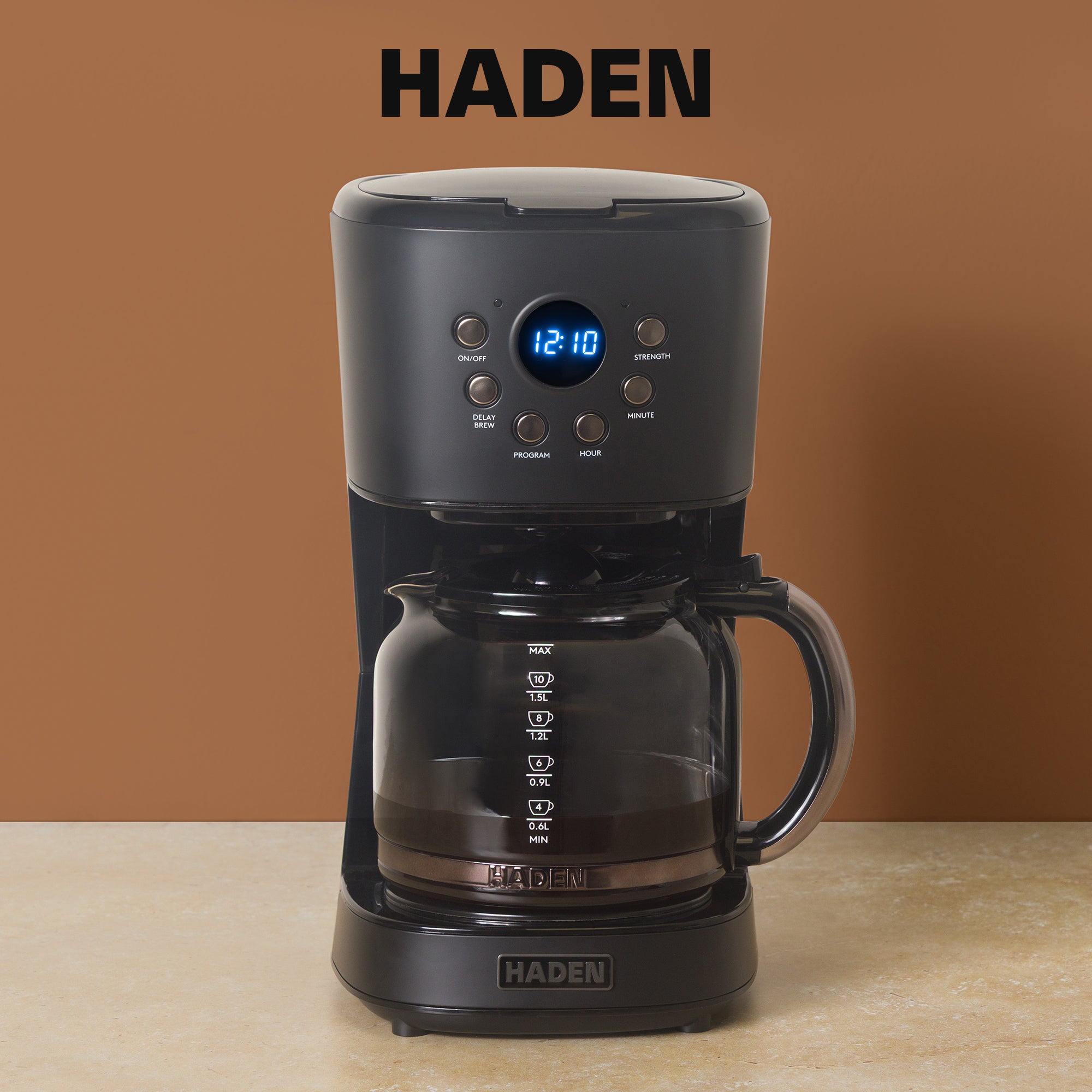 Haden 12 Cup Programmable Drip Coffee Maker with Strength Control, Black/Pewter - VMInnovations
