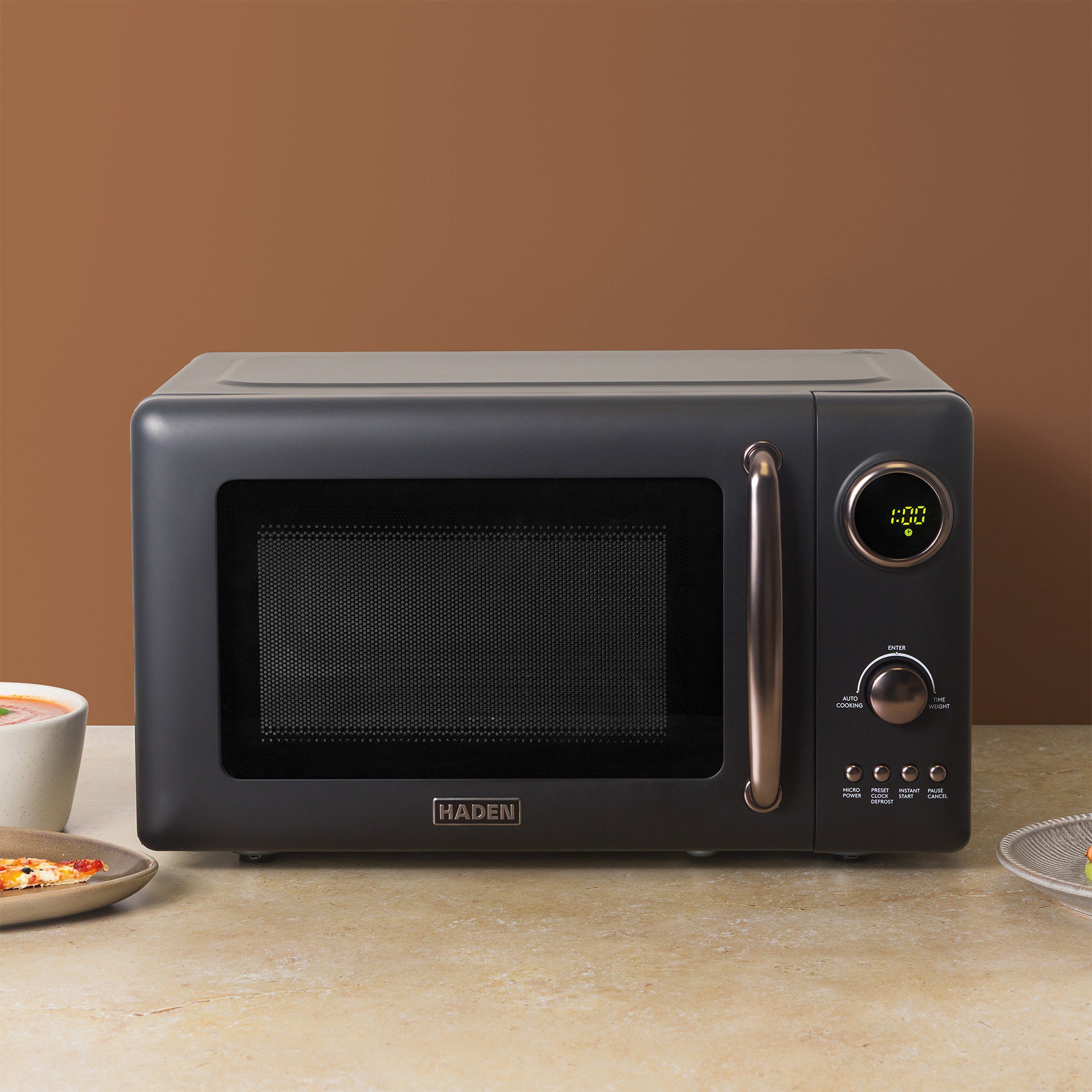 Haden 0.7 Cubic Foot Compact Countertop Microwave Oven, 700 Watts, Black/Pewter