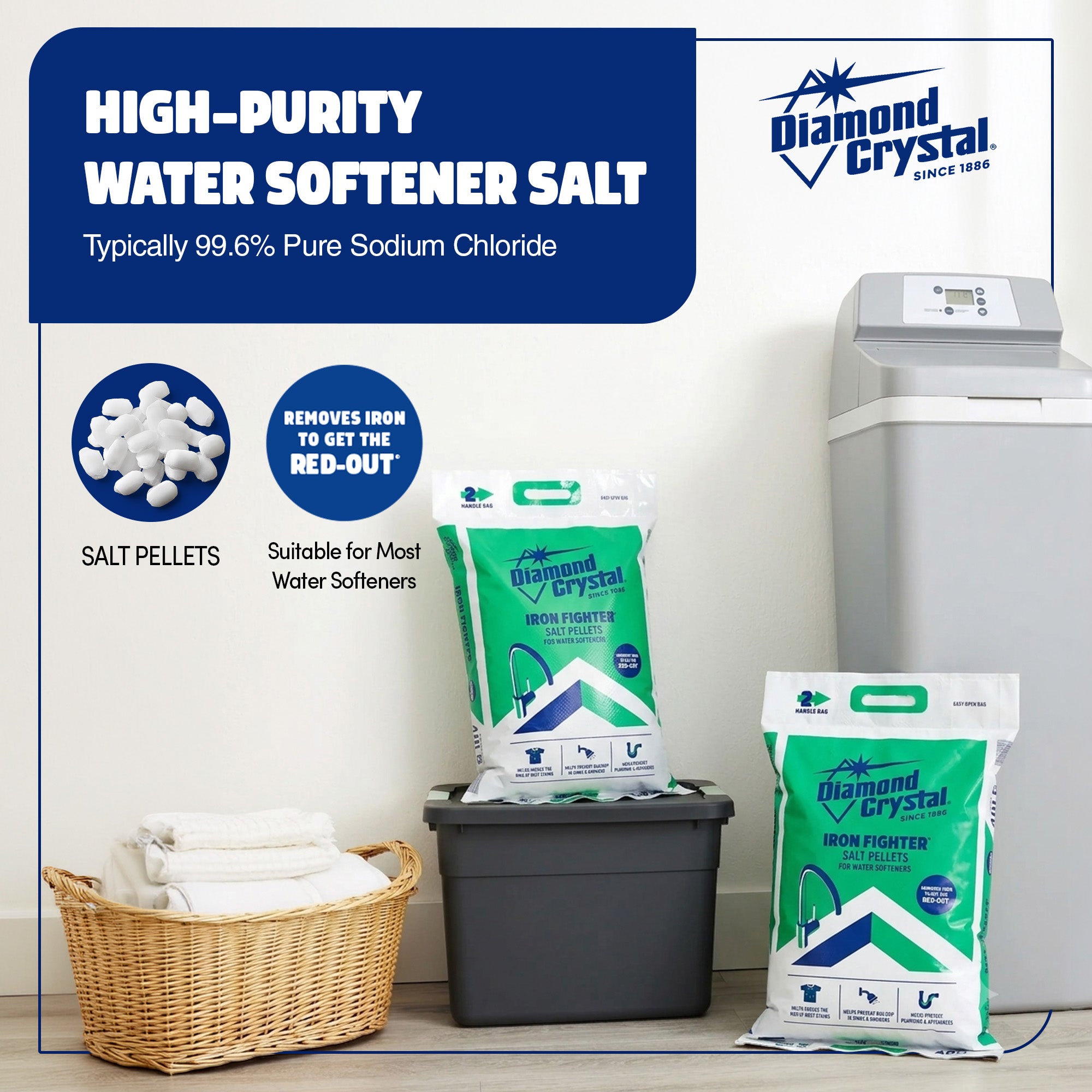 Diamond Crystal Iron Fighter Water Softener Soluble Salt Pellets, 40 Pounds