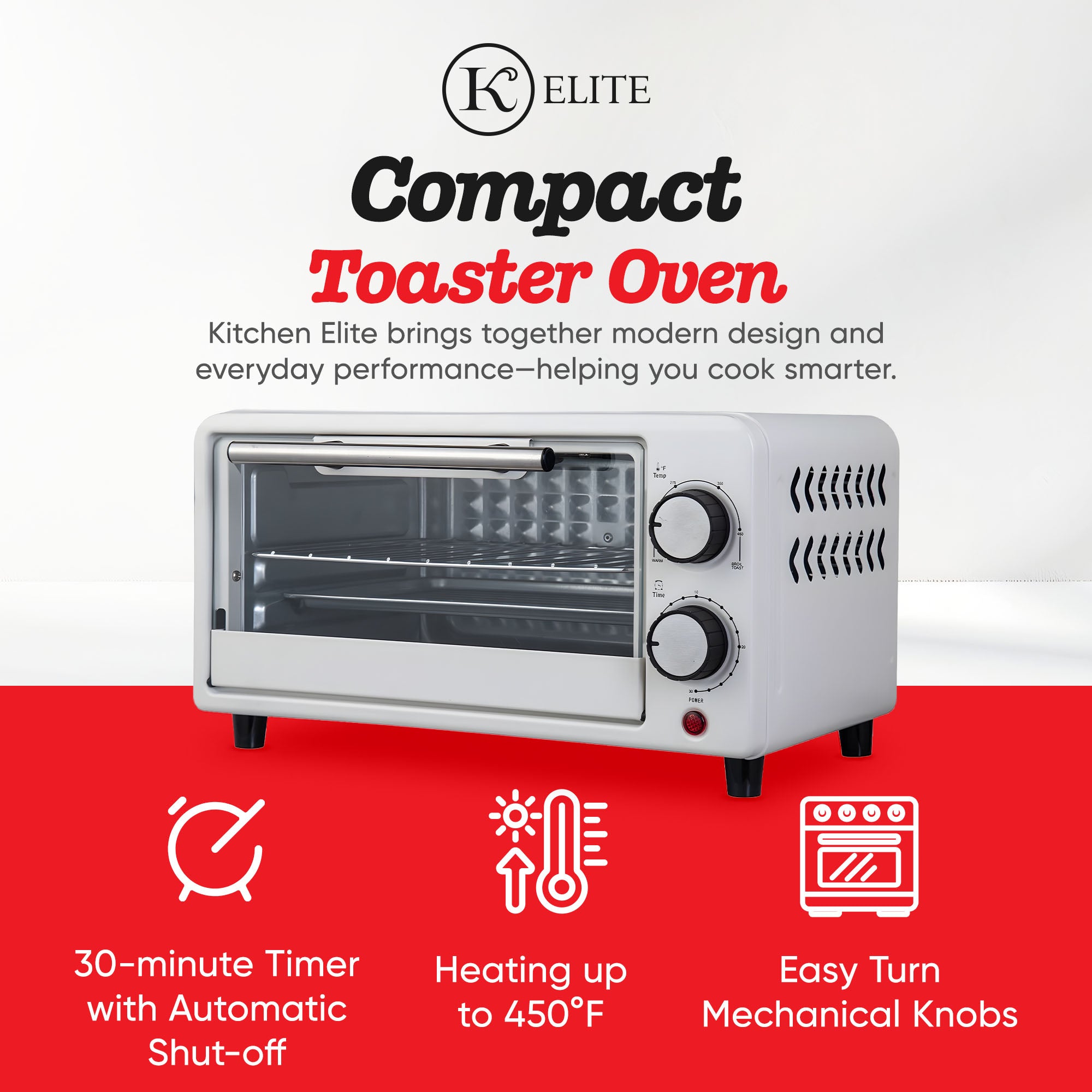 Kitchen Elite Compact Countertop Toaster Oven with Stainless Steel Tray, White - VMInnovations
