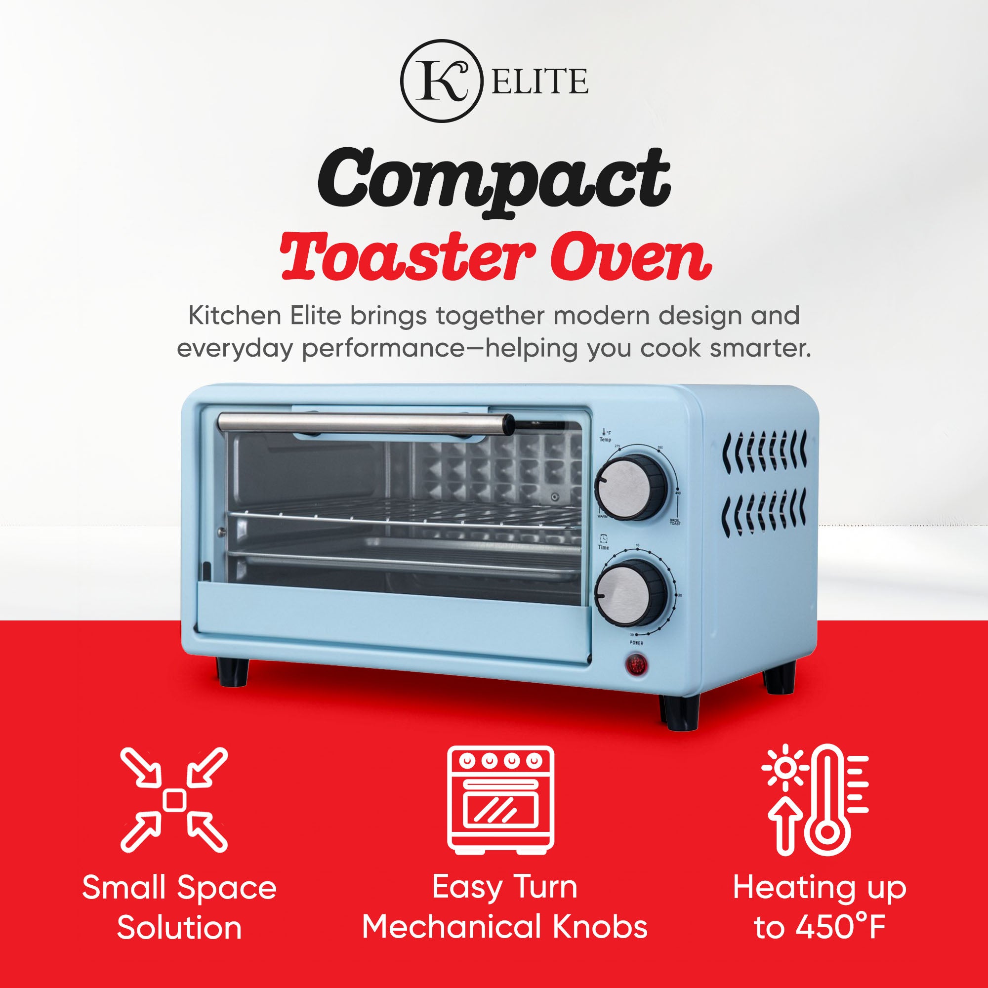 Kitchen Elite Compact Countertop Toaster Oven with Stainless Steel Tray, Blue (Open Box)