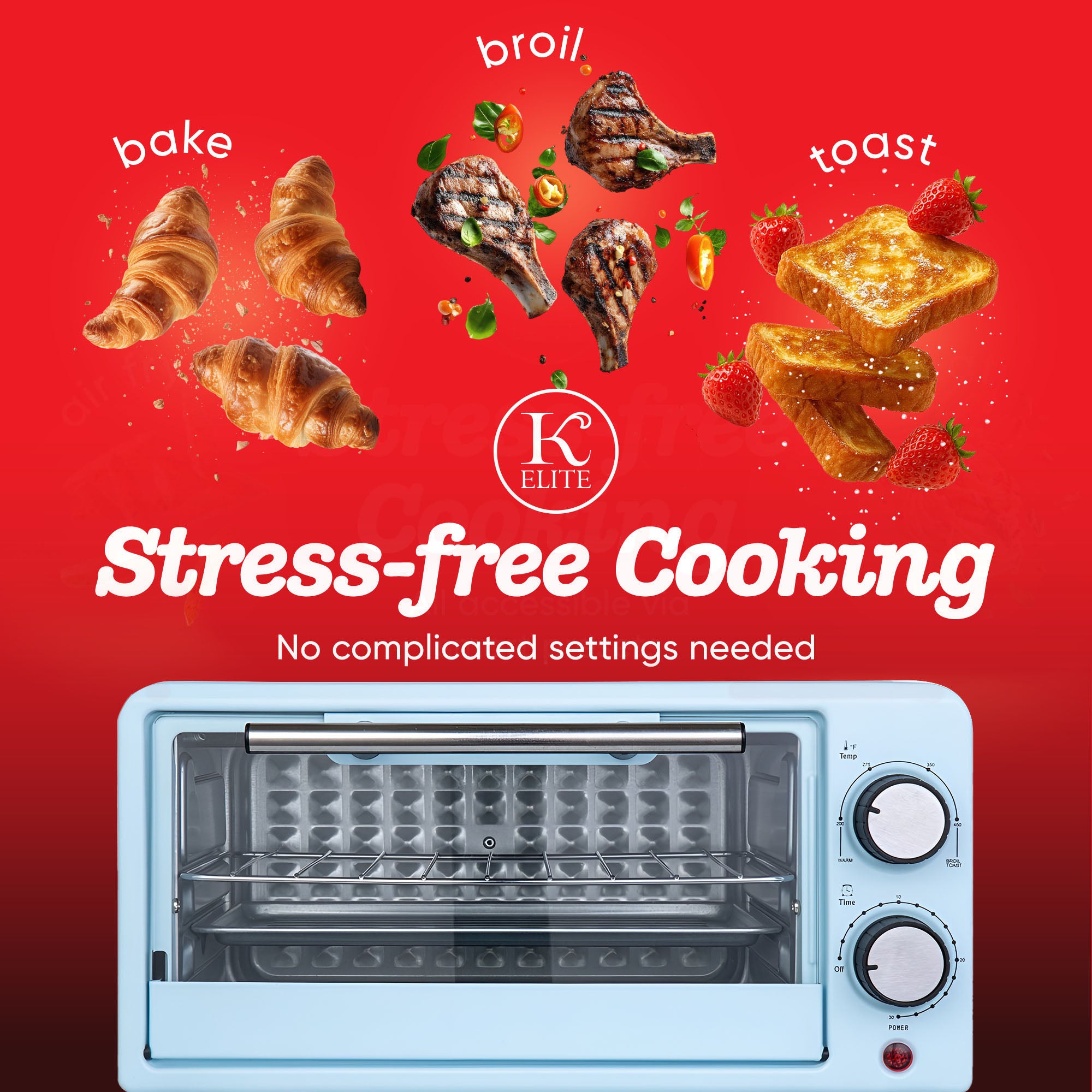 Kitchen Elite Compact Countertop Toaster Oven with Stainless Steel Tray, Blue (Open Box)