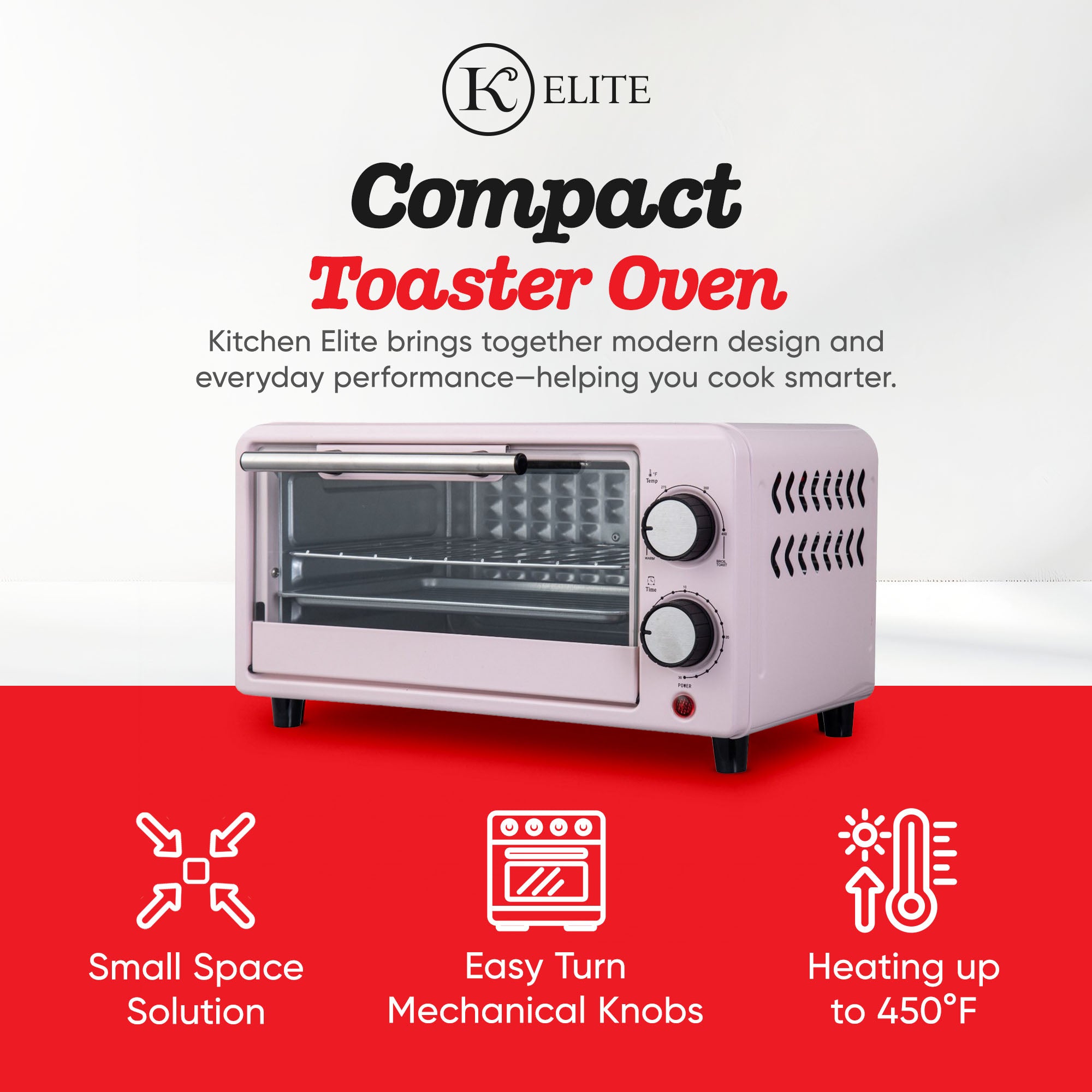Kitchen Elite Compact Countertop Toaster Oven with Stainless Steel Tray, Pink - VMInnovations
