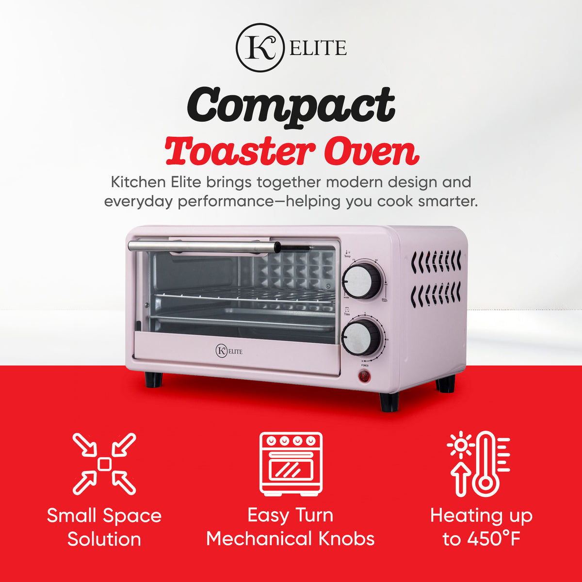 Kitchen Elite Compact Countertop Toaster Oven w Stainless Steel Tray, (Open Box)