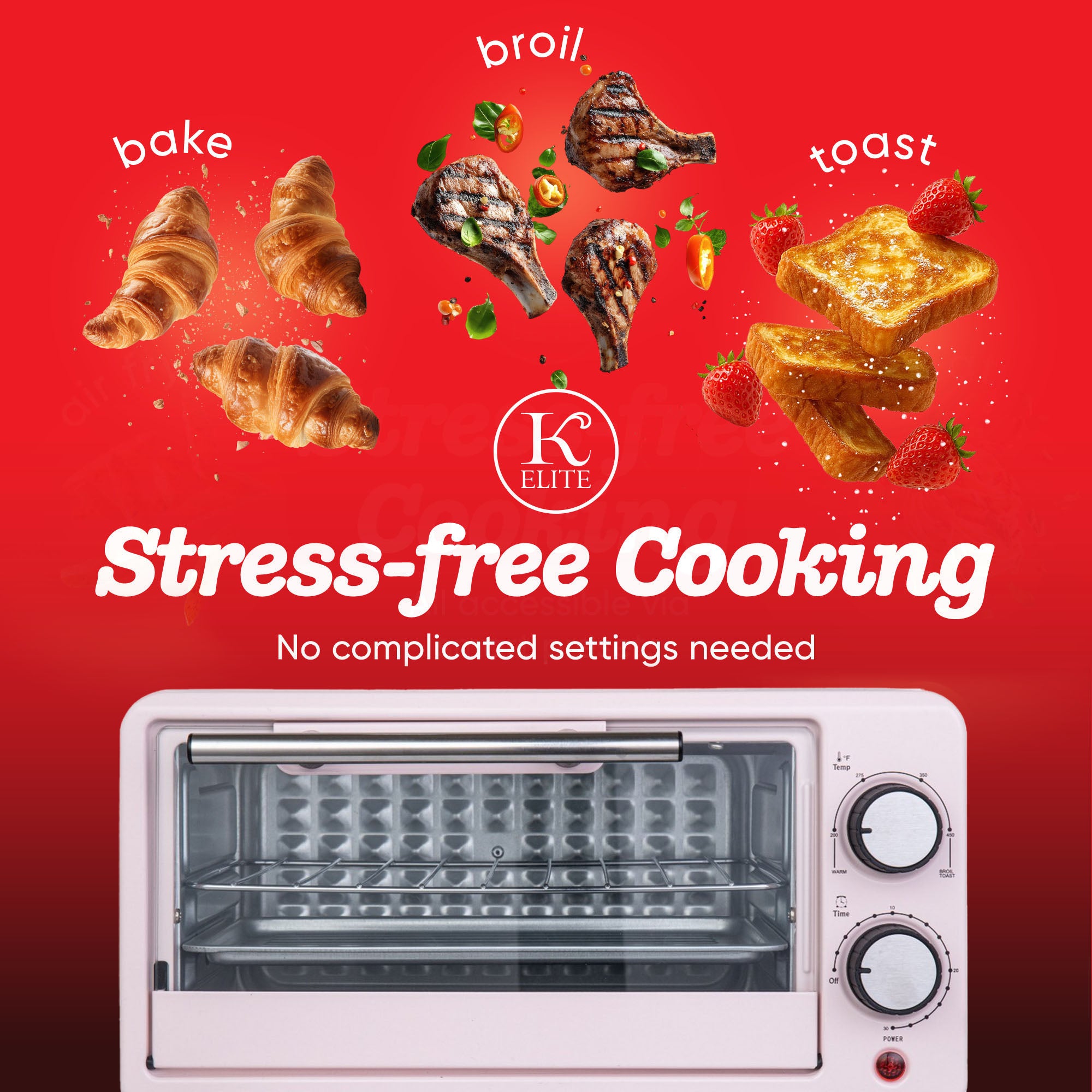 Kitchen Elite Compact Countertop Toaster Oven with Stainless Steel Tray, Pink - VMInnovations