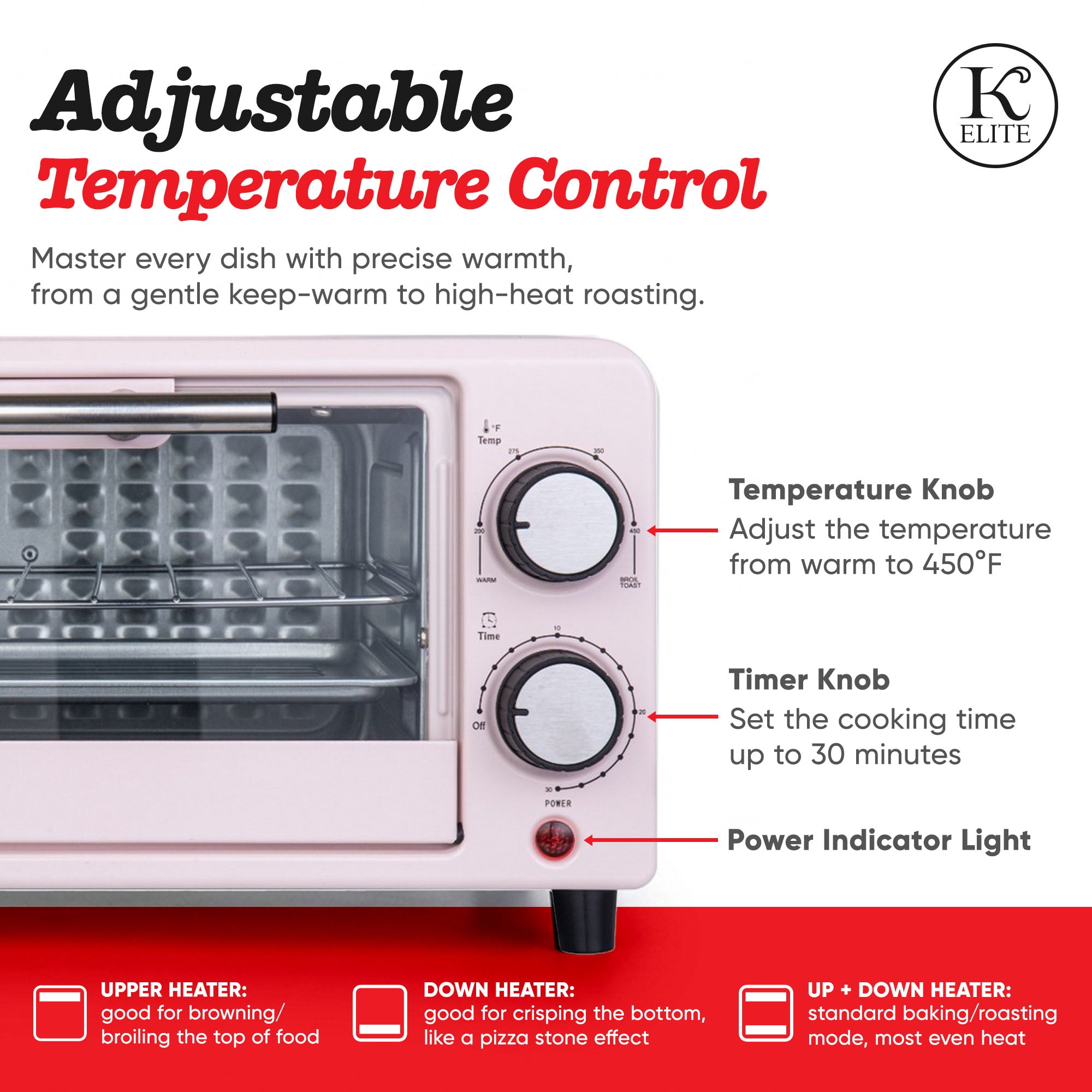 Kitchen Elite Compact Countertop Toaster Oven with Stainless Steel Tray, Pink - VMInnovations