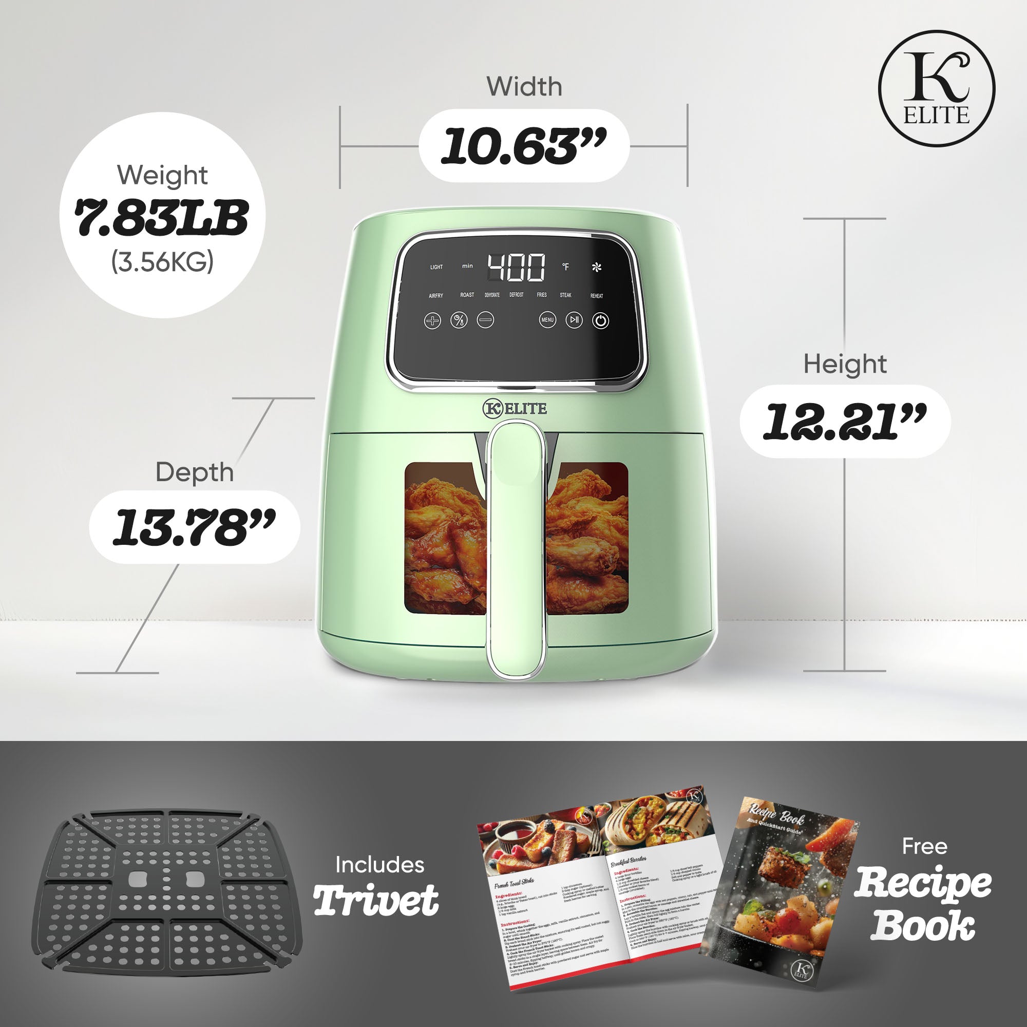 Kitchen Elite 5.5 Qt Digital Air Fryer, Countertop Cooker with LED Screen, Green - VMInnovations