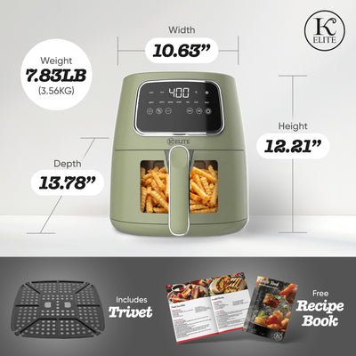 Kitchen Elite 5.5 Qt Digital Air Fryer, Countertop Cooker w/ LED Screen, Green (Open Box)