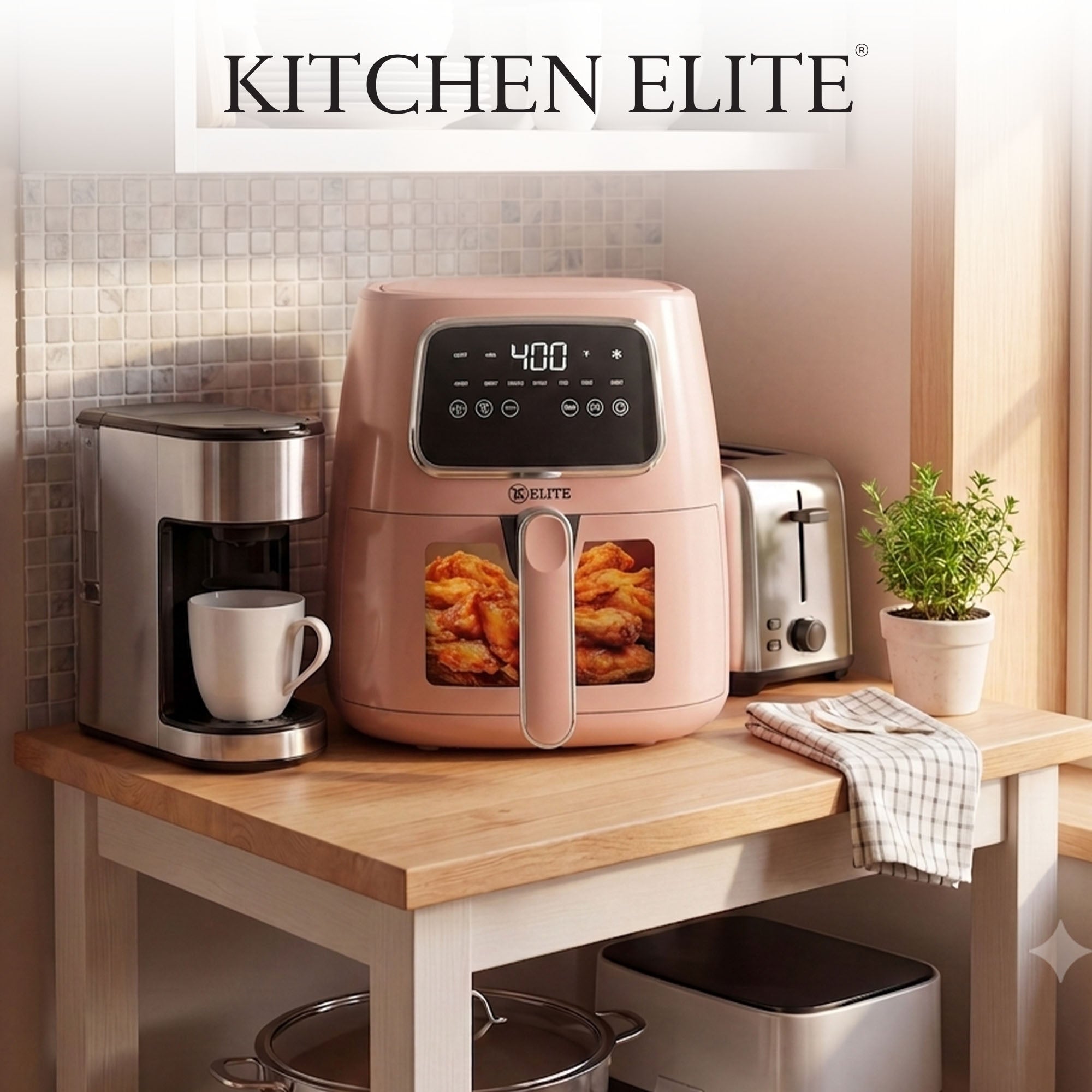 Kitchen Elite 5.5 Qt Digital Air Fryer, Countertop Cooker w/ LED Screen, Peach - VMInnovations