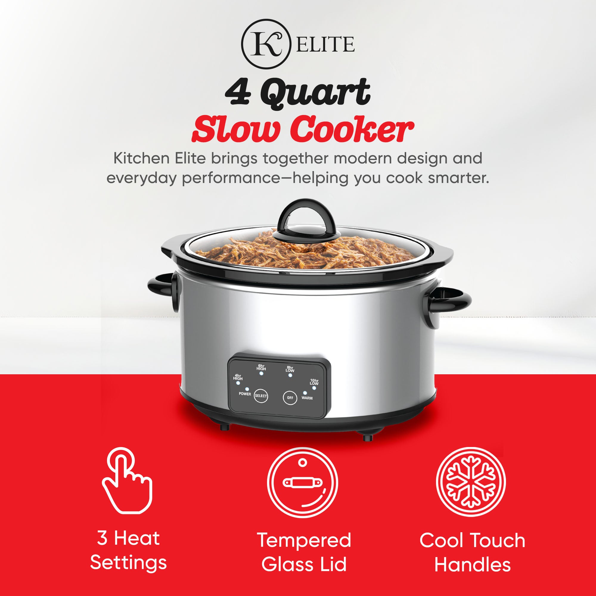 Kitchen Elite 4 Qt Oval Programmable Slow Cooker, Stainless Steel with Glass Lid - VMInnovations