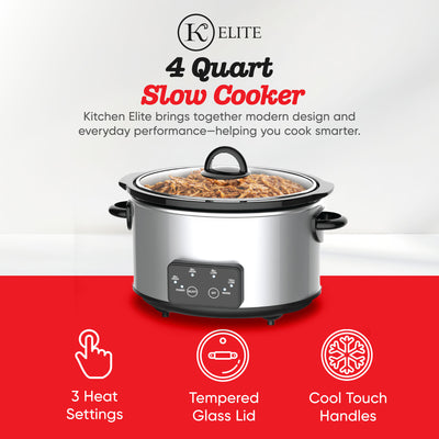 Kitchen Elite 4 Qt Oval Programmable Slow Cooker, Stainless Steel with Glass Lid - VMInnovations