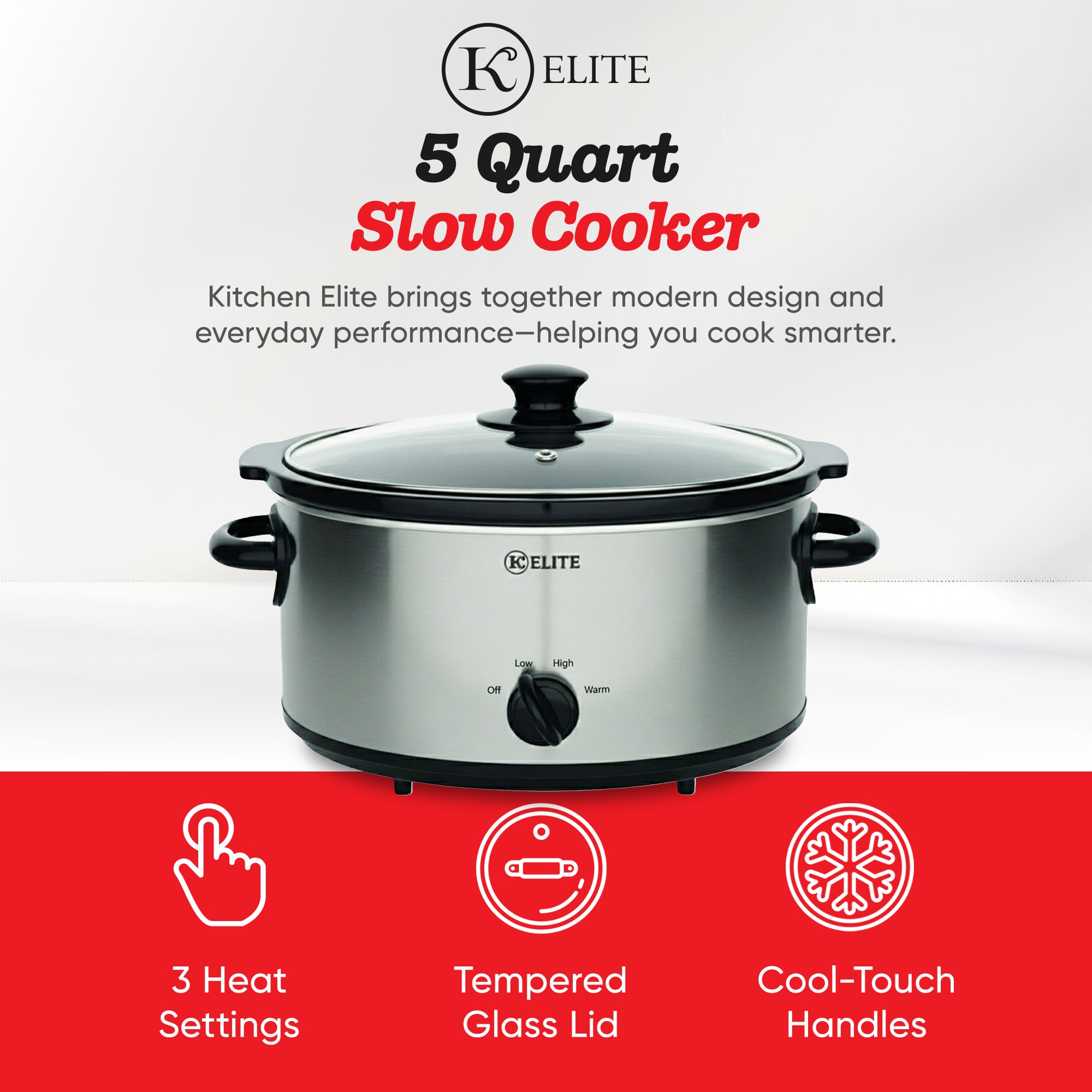 Kitchen Elite 5 Qt Slow Cooker, Stainless Steel Ceramic Crock Pot with Glass Lid - VMInnovations