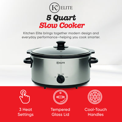 Kitchen Elite 5 Qt Slow Cooker, Stainless Steel Ceramic Crock Pot with Glass Lid - VMInnovations