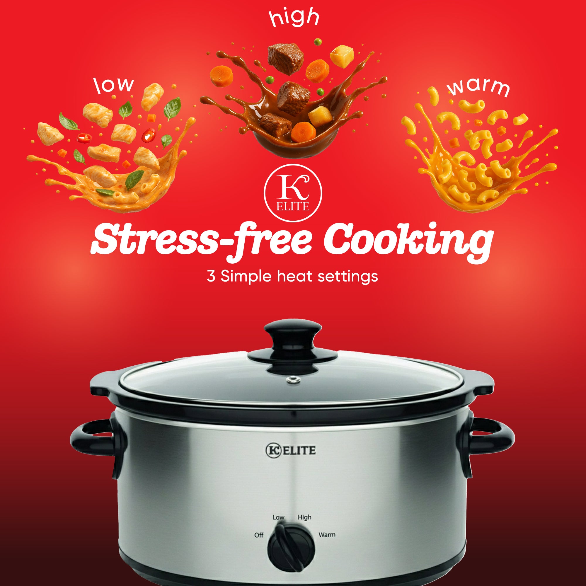 Kitchen Elite 5 Qt Slow Cooker, Stainless Steel Ceramic Crock Pot with Glass Lid - VMInnovations