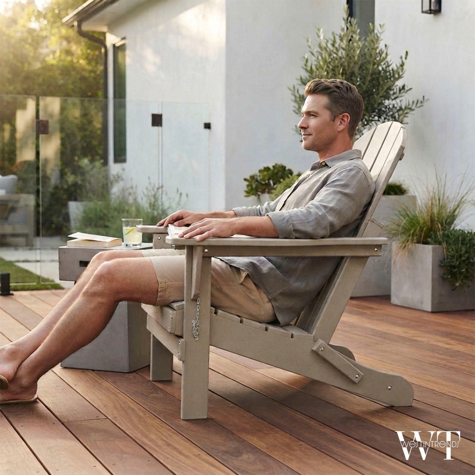 WestinTrends Malibu Classic Outdoor Patio HDPE Folding Adirondack Chair, Sand